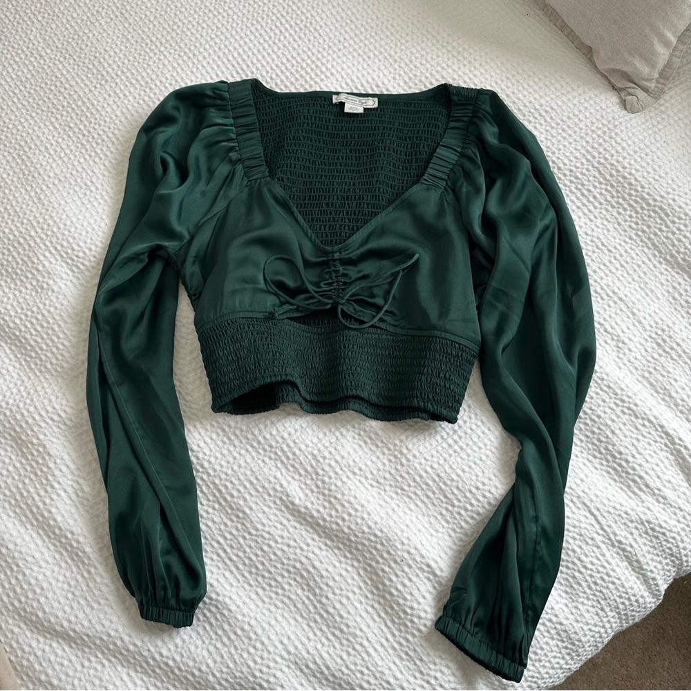 Green Cinched Satin Going Out Crop Top w Smocking